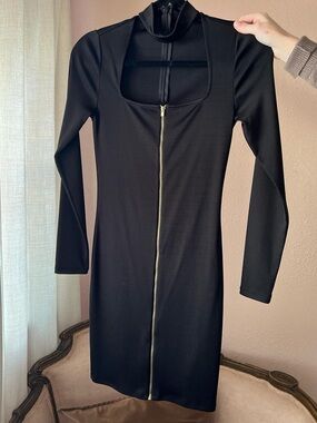 Express Black Long-Sleeve Zip-Front Bodycon Dress